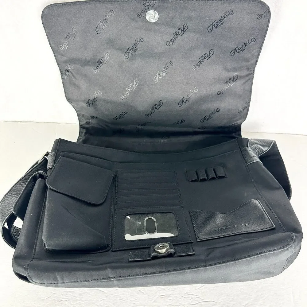 Fossil Leather Messenger Laptop Bag Black Business Office Commute Travel 8843